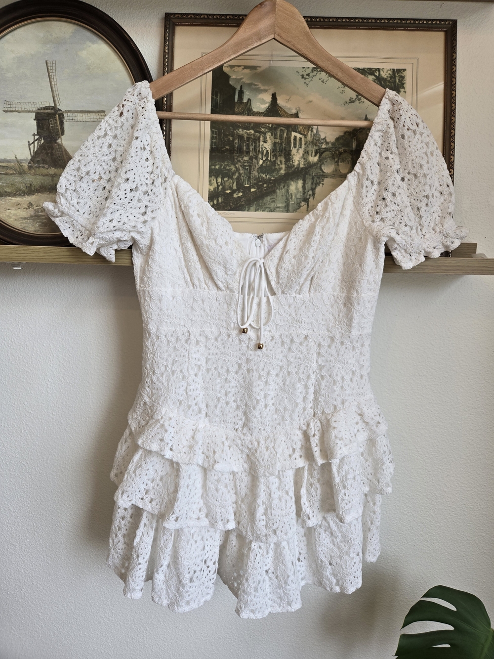 Womens Floral Eyelet Lace Romper Dress with Tiered Ruffles | White | Bridal